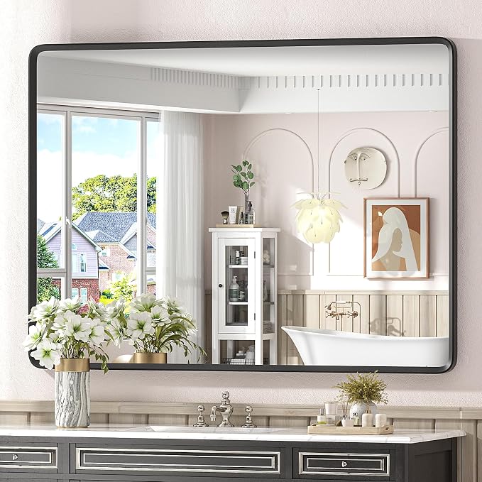 48x36 Black Matte Bathroom Mirror for Wall | Black Metal Frame, Rounded Rectangle Mirror, Beveled Frame, Anti-Rust, Shatterproof (Horizontal/Vertical)