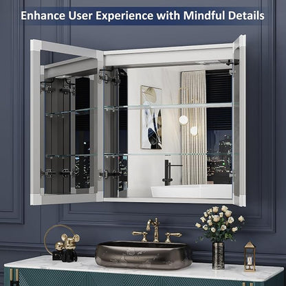 ACEMIRO 30"×32" Lighted Medicine Cabinet Mirror, Recessed Bathroom Mirror Cabinet with Lights, Defogger, Dimmer, Clock, Built-in Outlet & USB Ports, Wall-Mounted LED Bathroom Mirror, Double Door