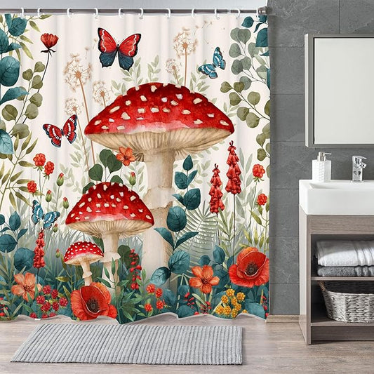 Boho Mushroom Shower Curtain, Floral Woodland Farmhouse Cottagecore Aesthetic Sage Green Eucalyptus Shower Curtain Set, Fairy Witchy Plant Botanical Flower Fabric Bathroom Curatin with Hooks 72X72