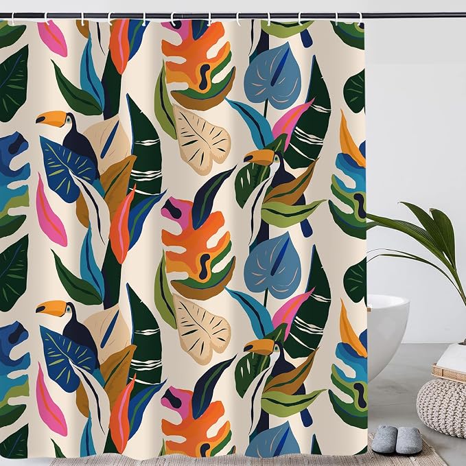 Colorful Leaf Shower Curtain, Boho Bird Abstract Art Jungle Plant Bathroom Curtain with 12 Hooks, Modern Asthetic Waterproof Polyester Fabric Bathroom Decor with Hooks 72x72 Inch
