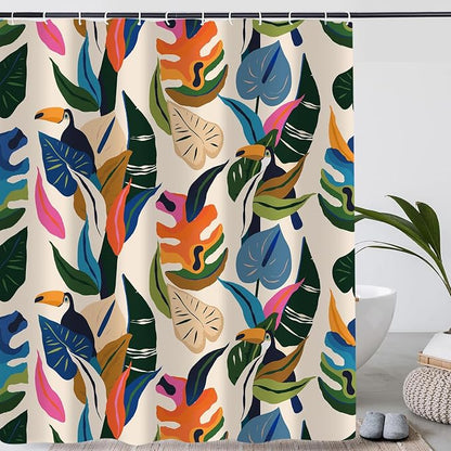 Colorful Leaf Shower Curtain, Boho Bird Abstract Art Jungle Plant Bathroom Curtain with 12 Hooks, Modern Asthetic Waterproof Polyester Fabric Bathroom Decor with Hooks 72x72 Inch