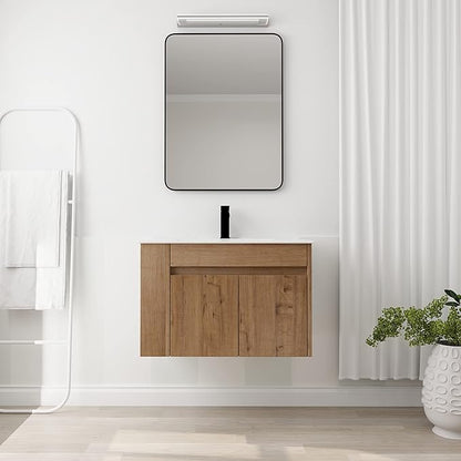 Henf 30inch Brown Modern Wall Mounting Bathroom Vanity With Sink, 2 Soft Close Doors & Open Storage Shelf, Wood Bathroom Sink Vanity with Sink Combo Set