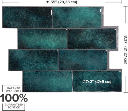 Smart Tiles Peel and Stick backsplash, Subway Teal Green, 11.55"x8.38" | Pack of 5 (2.8 sq ft), Glossy, Heat/Moisture Resistant, Low VOC, Kitchen/Bathroom, Renter Friendly, Made in Canada