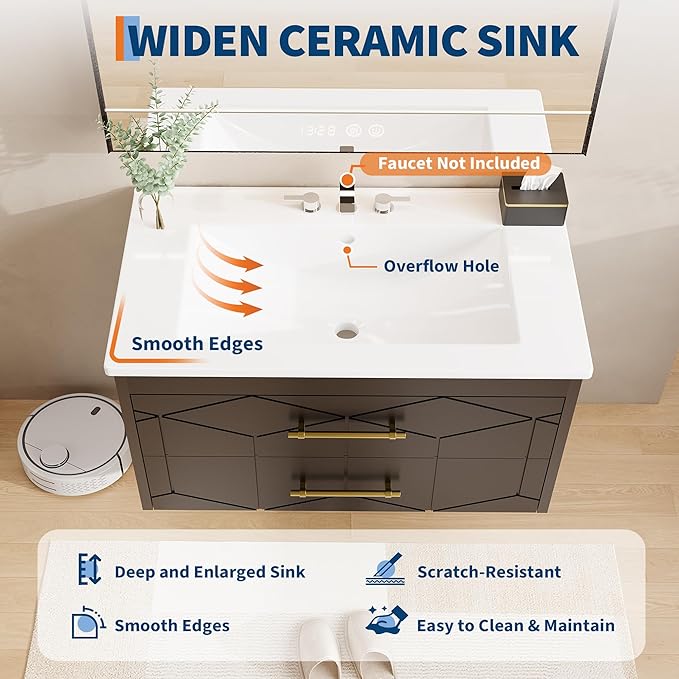 IDEALHOUSE Floating Bathroom Vanity with Sink 30 inch, Modern Bathroom Sink Cabinet, Ceramic Vanity Top, 2 Large Storage Drawers with Gold Metal Handle, Easy to Assembly, Black