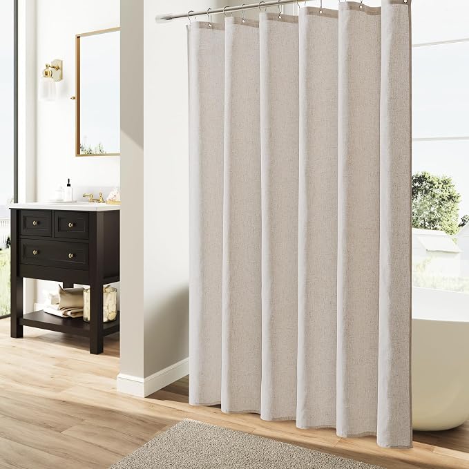 Extra Long Linen Shower Curtain 84 Inch Long for Bathroom Shower Curtains Set with Hooks Boho Farmhouse Fabric Neutral Cloth Modern Cottage Core Waterproof,Mousse White