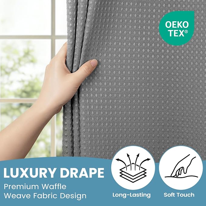 SORTTO No Hook Shower Curtain with Snap in Liner Set Waffle Shower Curtain for Bathroom Hotel Style Fabric Waterproof Inner Liner，71" W x 86" H, Grey