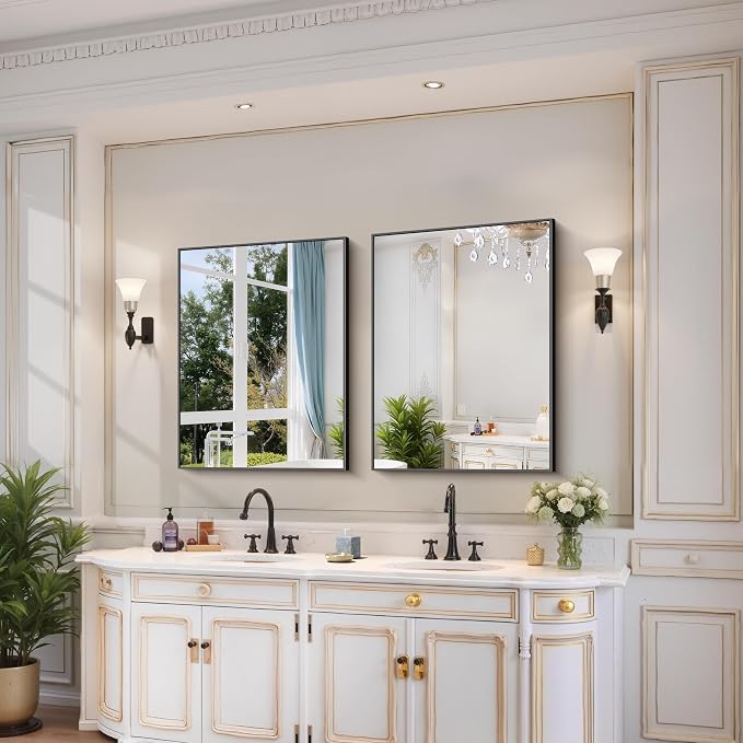YIROMAN Bathroom Mirror 24"x32", Black Bathroom Mirrors for Over Sink with Aluminum Frame, Rectangular Vanity Mirror with Right Angle, Wall Mirror for Oversink, Vanity, Bedroom, Living Room