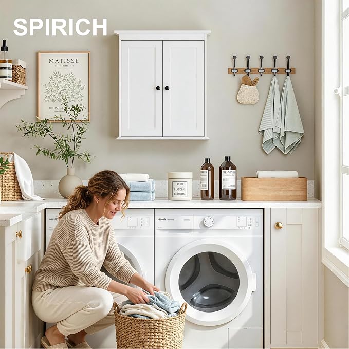 Spirich Bathroom Wall Cabinet, White Medicine Cabinet with 2 Doors | 2 Adjustable Shelves, Shaker Doors & Black Knobs, Compact Wall Storage for Bathroom, Kitchen & Laundry Room
