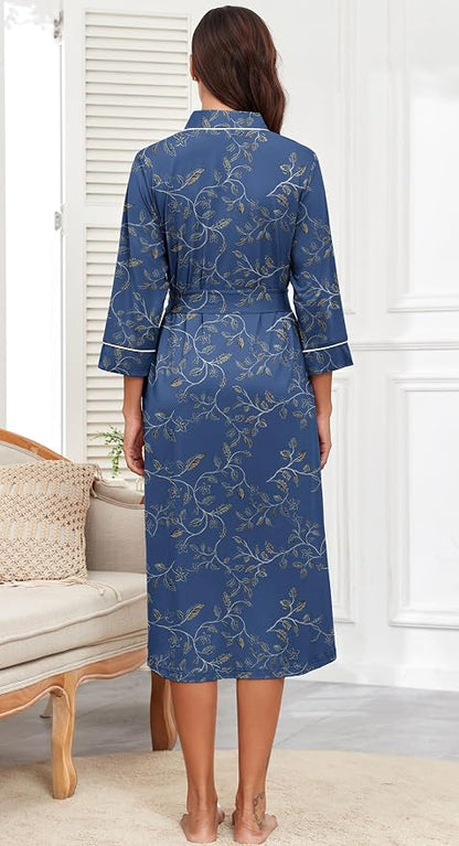 PrinStory Robes for Women 3/4 Sleeve Long Bath Robe XS-4XL | V-Neck Knit Bathrobe with Pockets, Lightweight, Soft, Breathable Robes for Shower, Spa, Travel, Home, Party, Nursing