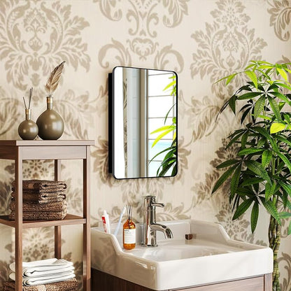 14x18 in Medicine Cabinet with Mirror for Small Space, Matte Black | Fully Assembled; Recessed or Surface Mount; Metal Construction with One Adjustable Glass Shelf for Flexible Storage