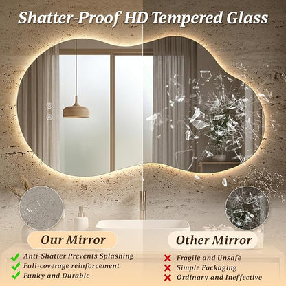 Irregular LED Mirror with Lights 40x24 Inch Backlit Asymmetrical Bathroom Mirrors for Wall Cloud Lighted Vanity Mirrors Shatterproof, Anti-Fog, Dimmable, 3 Colors (Horizontal/Vertical)