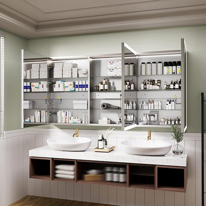 LED Medicine Cabinet Mirror, 60x30 Inch Bathroom Storage, Recessed/Wall Mount, Plug-in/Hardwired, 3 Color Dimmable Light, Anti-Fog, Time Temp Display