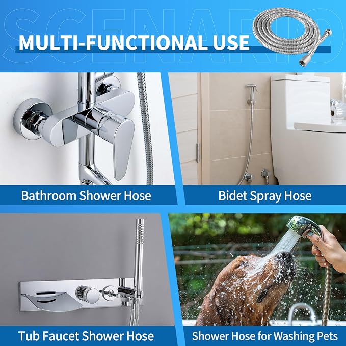 90 Inch Extra Long Stainless Steel Shower Hose - Flexible & Wear-Resistant with Chrome shower head with hose Plated Nut & Insert
