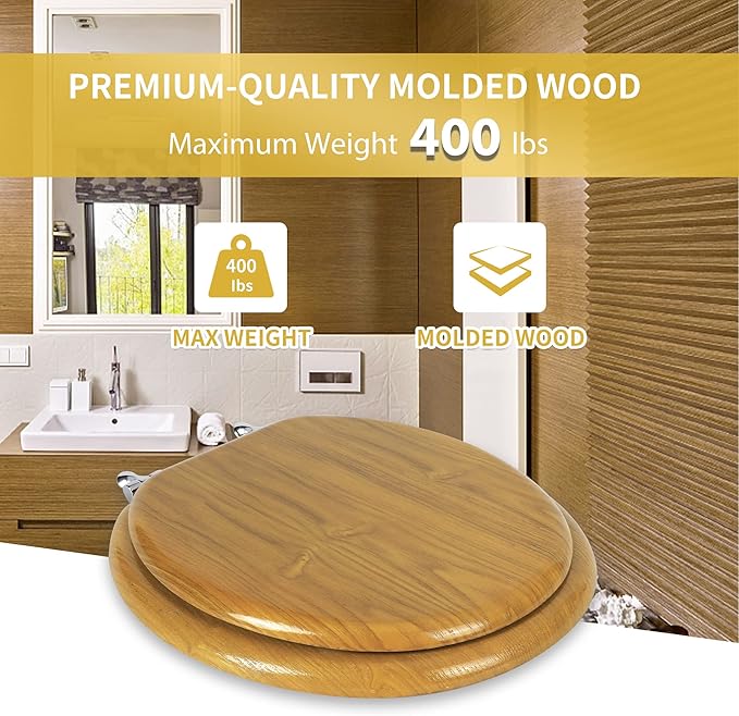 Angel Shield Durable Wood Veneer Natural Toilet Seat Metal Hinged Easy Clean Anti-scratch American Standard(Round,Oak)