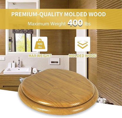 Angel Shield Durable Wood Veneer Natural Toilet Seat Metal Hinged Easy Clean Anti-scratch American Standard(Round,Oak)