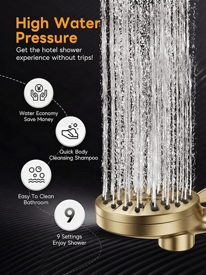 High Pressure Handheld Shower Head Brushed Gold- Anti-clog Nozzles, Built-in Power Wash to Clean Tub, Wall & Overhead Brackets,Magnetitc Rainfall Showerhead with handheld