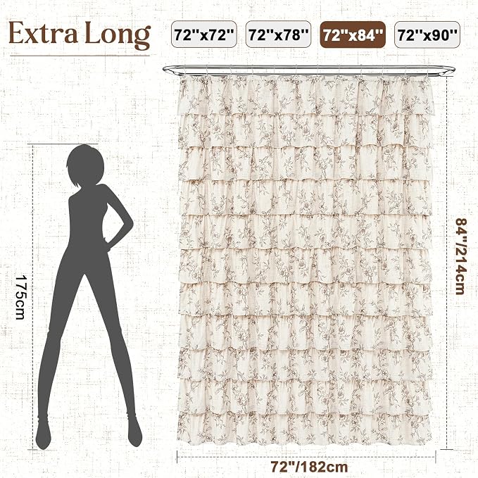 Yinhua Extra Long Farmhouse Ruffle Shower Curtain for Bathroom, 72" Wx84 L | Brown Floral Print, Ruflle Design, 12 Metal Hooks, Vintage Rustic Washable Waterproof Shower Curtain for Bathroom Bathtub