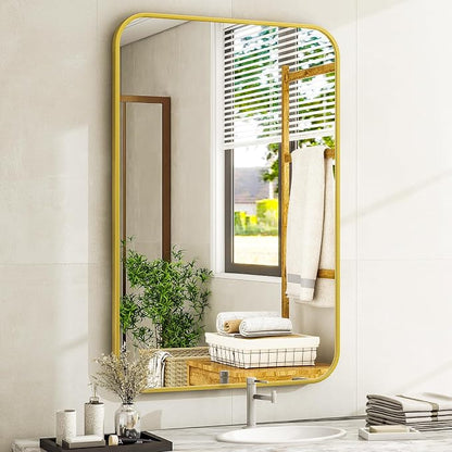 Easly 20 x 28 Inch Bathroom Mirror, Rounded Rectangular Vanity Mirror for Wall, Modern Mirror for Room Decor, Gold Framed Wall-Mounted Mirrors for Home Decor, Hangs Horizontally or Vertically