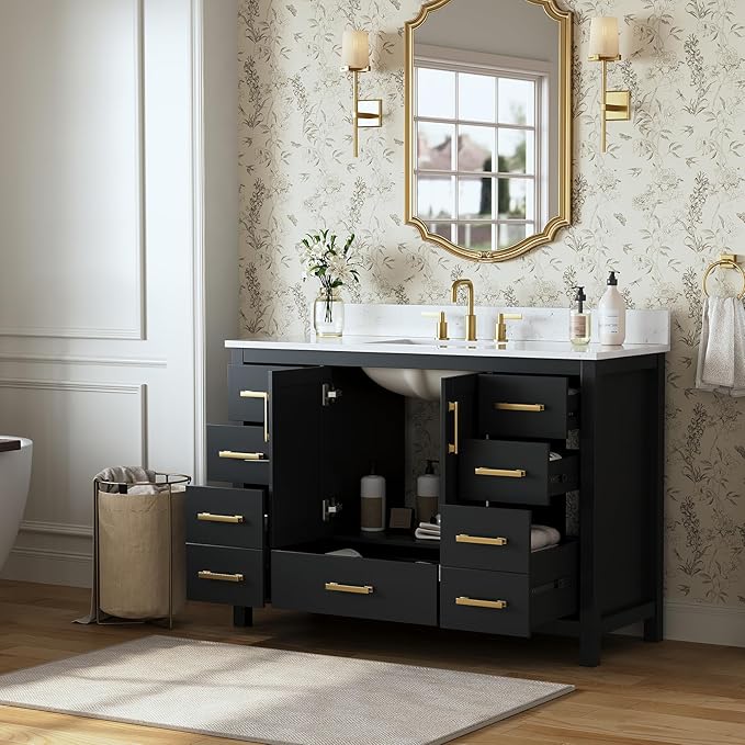 48 Inch Black Bathroom Vanity with Sink, Fully Assembled Bathroom Vanities Storage Cabinet with 2 Soft Close Doors & 7 Fully Extendable Drawers, Carrara Engineered Stone Top, Backsplash