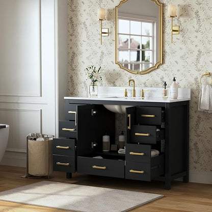 48 Inch Black Bathroom Vanity with Sink, Fully Assembled Bathroom Vanities Storage Cabinet with 2 Soft Close Doors & 7 Fully Extendable Drawers, Carrara Engineered Stone Top, Backsplash