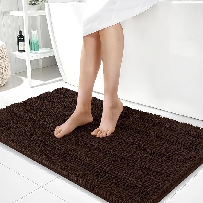 OLANLY Thick Large Bathroom Rugs 40x24, Soft Chenille Bath Rugs, Brown | Absorbent Striped, Rubber Backing, Machine Wash Dry, Bath Mats for Bathroom Floor, Tub and Shower, Home Decor Accessories