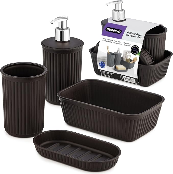 Superio Ribbed Collection - Decorative Plastic Bathroom Accessories Set, Brown (Set of 4) Soap Dish, Liquid Dispenser, Toothbrush Holder Cup, Vanity Organizer Tray Bathroom Countertop Decor Gift