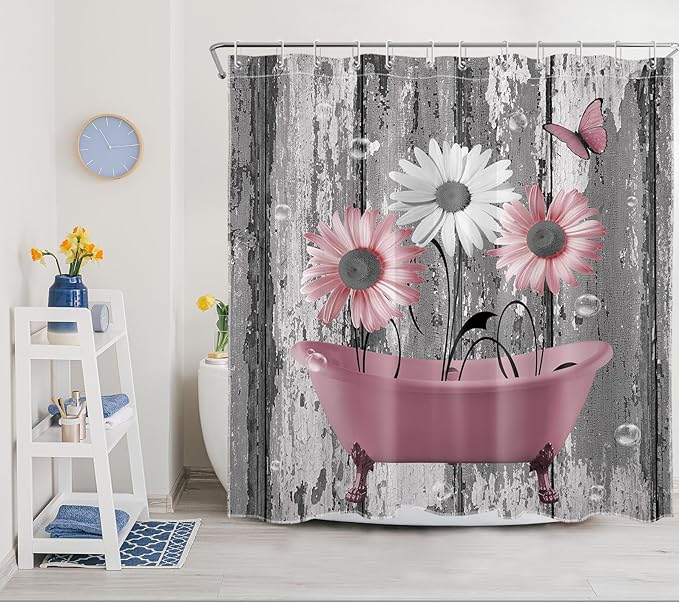 HVEST Farmhouse Pink Floral Bathroom Set With Shower Curtain and Rugs - Grey and White Daisy Flower in Bathtub With Butterfly on Vintage Wood - 70L X 70W Inch
