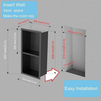 24 x 12 in Recessed Shower Niche with Double Shelves, Matte Black Stainless Steel Wall Insert, No Tile Needed, Leakproof Built-in Storage for Bathroom, Kitchen