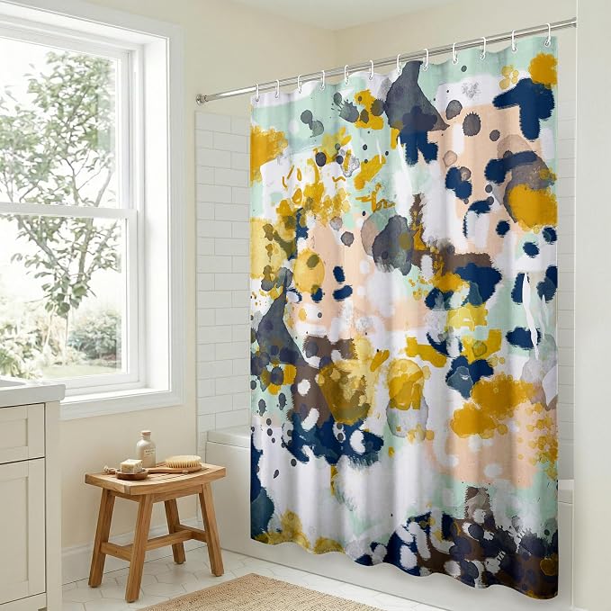 Americanflat 71x74 Abstract Shower Curtain - Water-Resistant Long Shower Curtain with Metal Grommets and 12 Hooks - 100% Polyester - Navy Blue, Yellow, Blush Pink, Mint Green, Charcoal and White