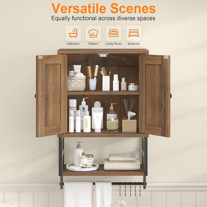 Bathroom Wall Cabinet, Farmhouse Medicine Storage with Towel Bar, Walnut | 2 Doors & Adjustable Shelves 5 Hooks, 3-Tier for Over-Toilet, Laundry, Living, Bedroom, Kitchen, Space Saving