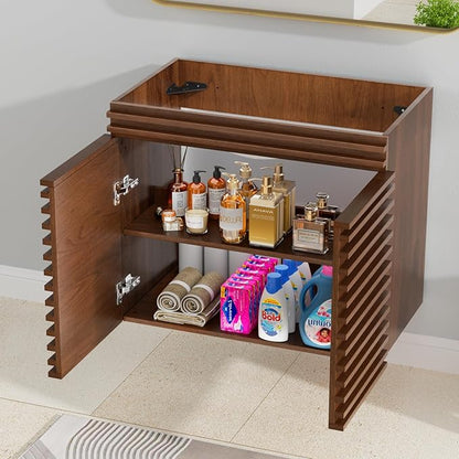 ROOMTEC 30" Bathroom Vanity, Mid-Century Wall Mounted Floating Cabinet with 2 Closing Doors, Wood Grain Texture, Walnut (Sink Basin Not Included)