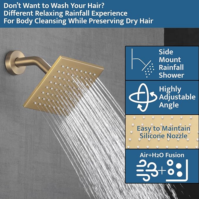 Thermostatic Shower System Brushed Gold, Push Button Diverter Shower Faucet with 2 in 1 Handheld, Ceiling Mount 12 Inch Shower Head with 6 Inch Wall Mount Shower Head