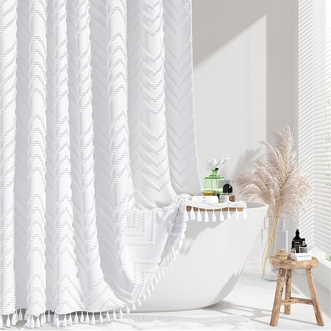 Dynamene Extra Long Shower Curtains, 96 Inches Long Boho Tufted Chevron Striped Fabric Shower Curtains for Bathroom, Tall Minimalist Waterproof Cloth Shower Curtain Set with 12 Hook, White, 72x96