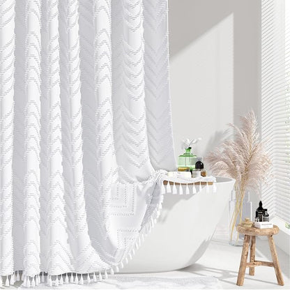 Boho Farmhouse Fabric Shower Curtain Tufted Chevron 72"x72" White | Elegant Tassel, Soft Lightweight Textured Cloth, Water Repellent, Washable, Hotel Spa, for Bathroom/Dorm/Apartment 12 Hooks
