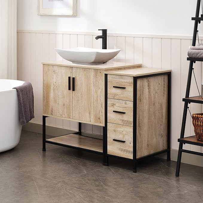 UEV 42" Rustic Oak Bathroom Vanity with Sink Combo,Industrial Iron Frame Bathroom Cabinet Sets with 3 Drawers Side Cabinet,Modern Artistic Ceramic Vessel Sink(032WH)
