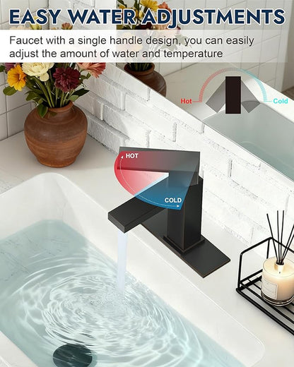 Midanya Bathroom Faucets 1 Hole, Single Handle Stainless Steel Bathroom Sink Faucet, Modern Vanity Faucets with Deck Plate,Water Supply Hoses and Pop Up Drain,Oil Rubbed Bronze