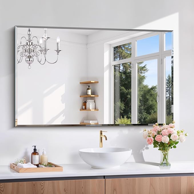CILIBER Beveled Mirror, 30x48 Large Frameless Bathroom Mirrors for Wall, 3mm Tempered Glass Rectangle Vanity Mirror with Beveled Edge, Crystal-Clear, Hangs Horizontally or Vertically