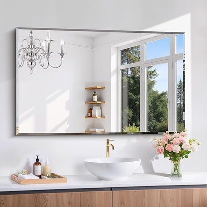 CILIBER Beveled Mirror, 30x48 Large Frameless Bathroom Mirrors for Wall, 3mm Tempered Glass Rectangle Vanity Mirror with Beveled Edge, Crystal-Clear, Hangs Horizontally or Vertically