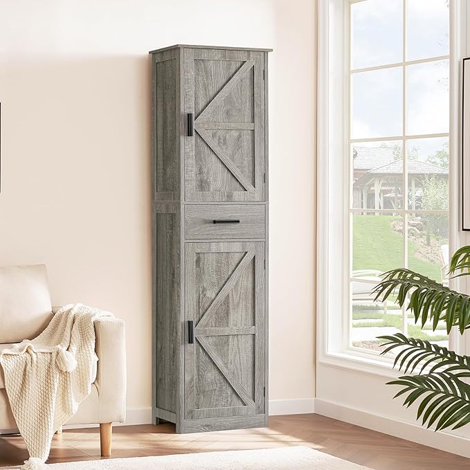 WEENFON Tall Bathroom Cabinet, Storage Cabinet with 6 Shelves & Drawer, Bathroom Storage Cabinet with Adjustable Shelves, Tall Cabinet for Living Room, Home Office, Grey