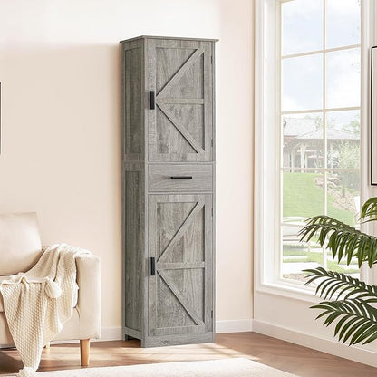 WEENFON Tall Bathroom Cabinet, Storage Cabinet with 6 Shelves & Drawer, Bathroom Storage Cabinet with Adjustable Shelves, Tall Cabinet for Living Room, Home Office, Grey