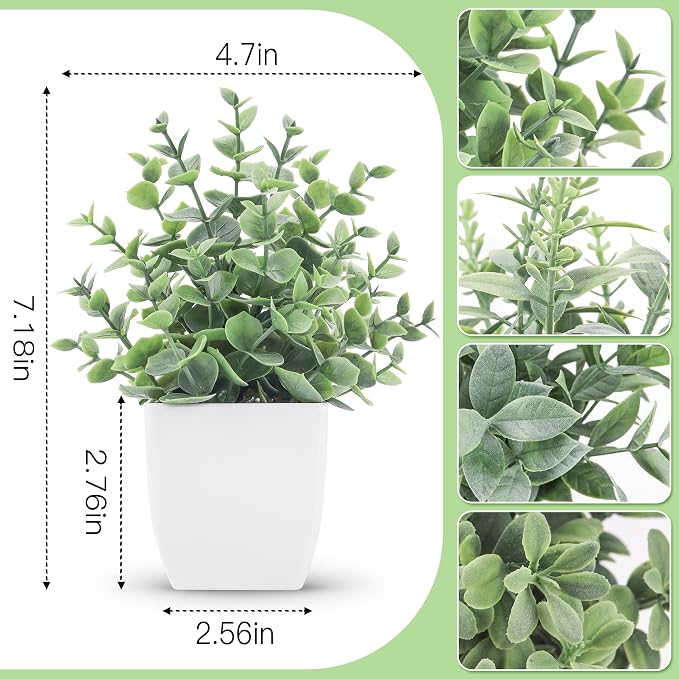 Der Rose 4 Pack 7" Mini Fake Plants, Artificial Plants for Bathroom Decor | Frosted eucalyptus look, easy-care artificial greenery, for desk shelf windowsill office tabletop dorm and classroom decor