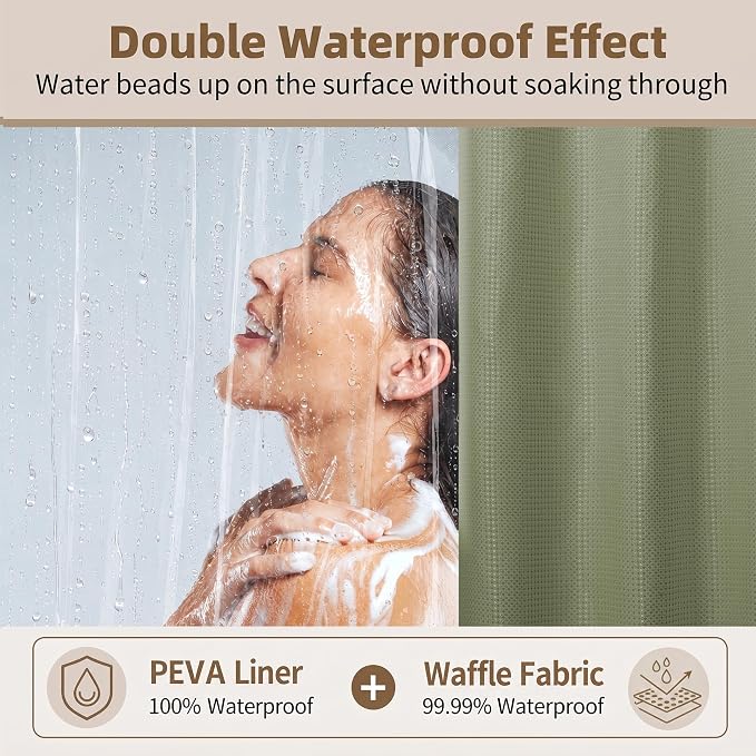 Siiluminisoy Shower Curtain and Liner Set, Waffle Shower Curtain Set with 12 Stainless Steel Hooks, Waterproof Luxury Fabric Shower Curtains for Bathroom and Hotel, Sage Green, 72" W x 72" H