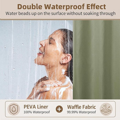 Siiluminisoy Shower Curtain and Liner Set, Waffle Shower Curtain Set with 12 Stainless Steel Hooks, Waterproof Luxury Fabric Shower Curtains for Bathroom and Hotel, Sage Green, 72" W x 72" H