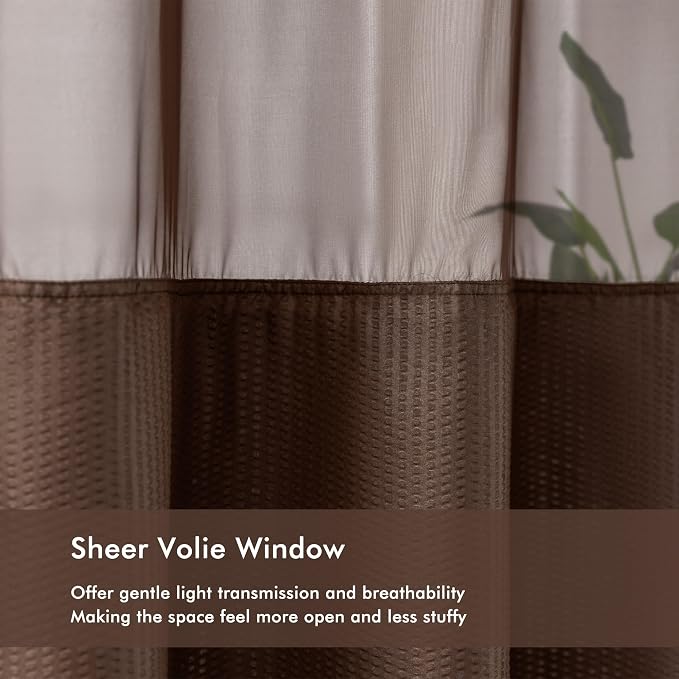 No Hook Shower Curtain with Snap-in Liner, Embossed Waffle Design Fabric Shower Curtain for Bathroom, Soft & Lightweight, 71x74, Chocolate