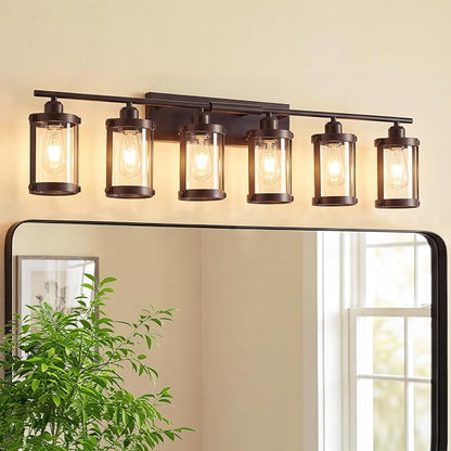 6-Light Oil Rubbed Bronze Bathroom Light Fixtures, 42 Inch Modern Bathroom Vanity Lighting Fixtures Over Mirror with Clear Glass and Metal Cage Wall Sconce Lights for Bath, OS-3014ORB-6W