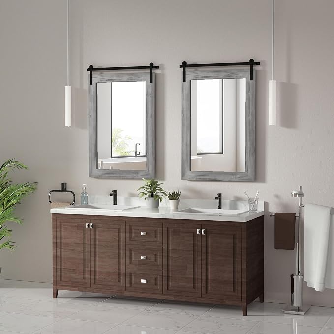 COGOOD Farmhouse Bathroom Mirrors for Over Sink - 42 x 29 Grey | Rustic Barn Door Wood Framed Vanity Mirror for Entryway, Living Room, Bedroom, Dresser Wall Decor