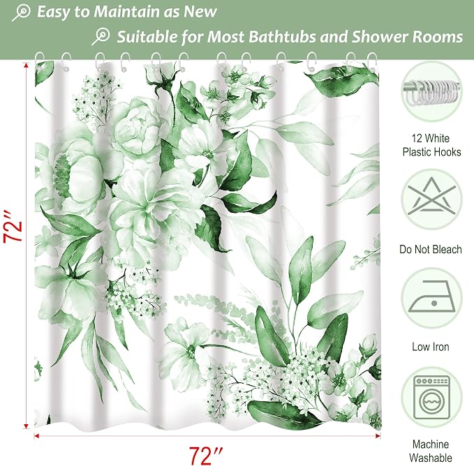 Floral Flower Green Shower Curtain with 12 Hooks,120GSM 72x72 | CHIC BATH DECOR: Features watercolor abstract design; waterproof green shower curtain set with 12 plastic hooks