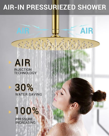 Dasan Rainfall Full Body Shower Faucet System with 12'' Round Shower & 6'' Round Shower,Brushed Gold Dual Shower Head Faucets Set with Handheld & Valve, Double Shower Head System for Couples/ 2-Person