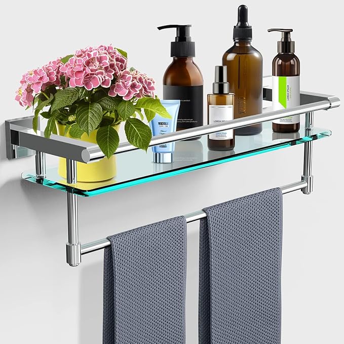 Bathroom Glass Shelf with Towel Rack Organizer Wall-Mounted Bathroom Storage SUS304 Stainless Steel Towel Bar/Track Wall-Mounted Tempered Glass Shelves (Chrome Polished, 20-inch)