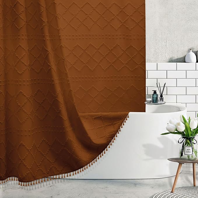 Siiluminisoy Extra Long Shower Curtains Burnt Orange 72 x 96 Inches Tufted Chevron Fabric for Bathroom Vintage Shabby Chic Waterproof Cloth Shower Curtain